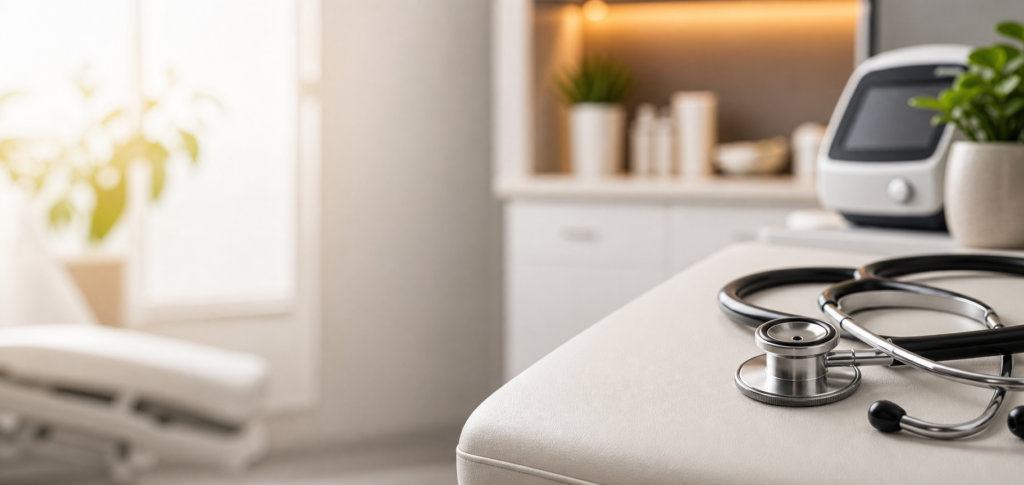 Stethoscope and wellness clinic equipment in a calm treatment setting